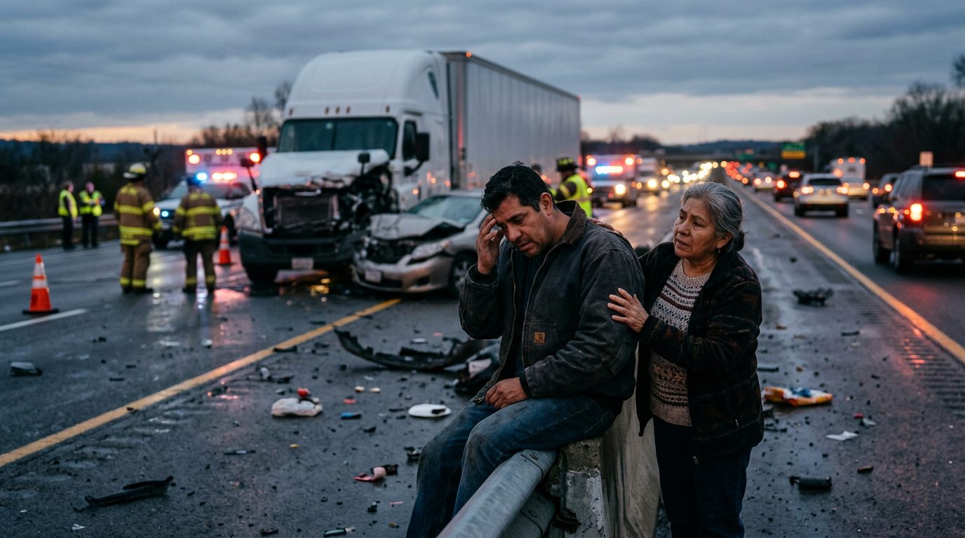 Accidente de camión comercial en carretera con personas hispanohablantes.