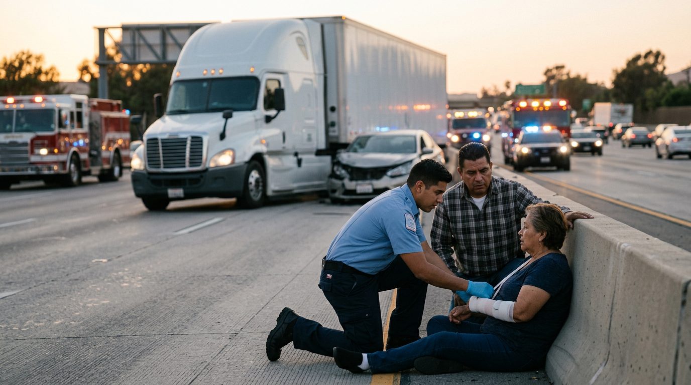 Accidente de camión comercial en carretera con personas hispanohablantes.