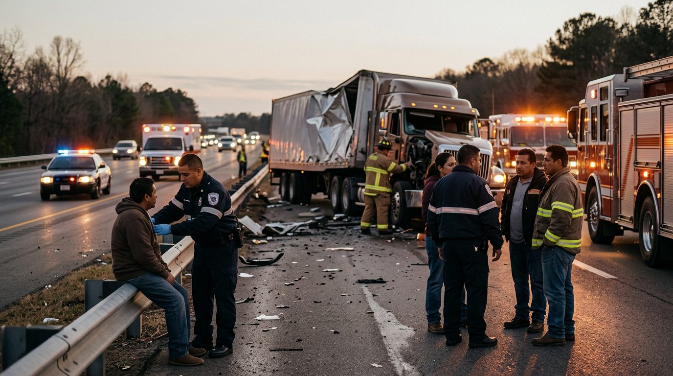 Accidente de camión comercial en carretera con personas hispanohablantes.