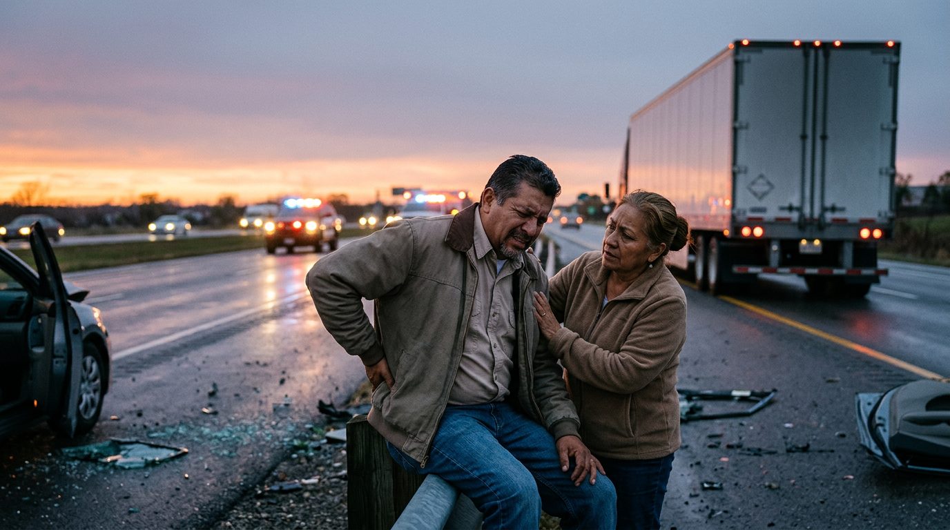 Accidente de camión comercial en carretera con personas hispanohablantes evaluando daños al atardecer.