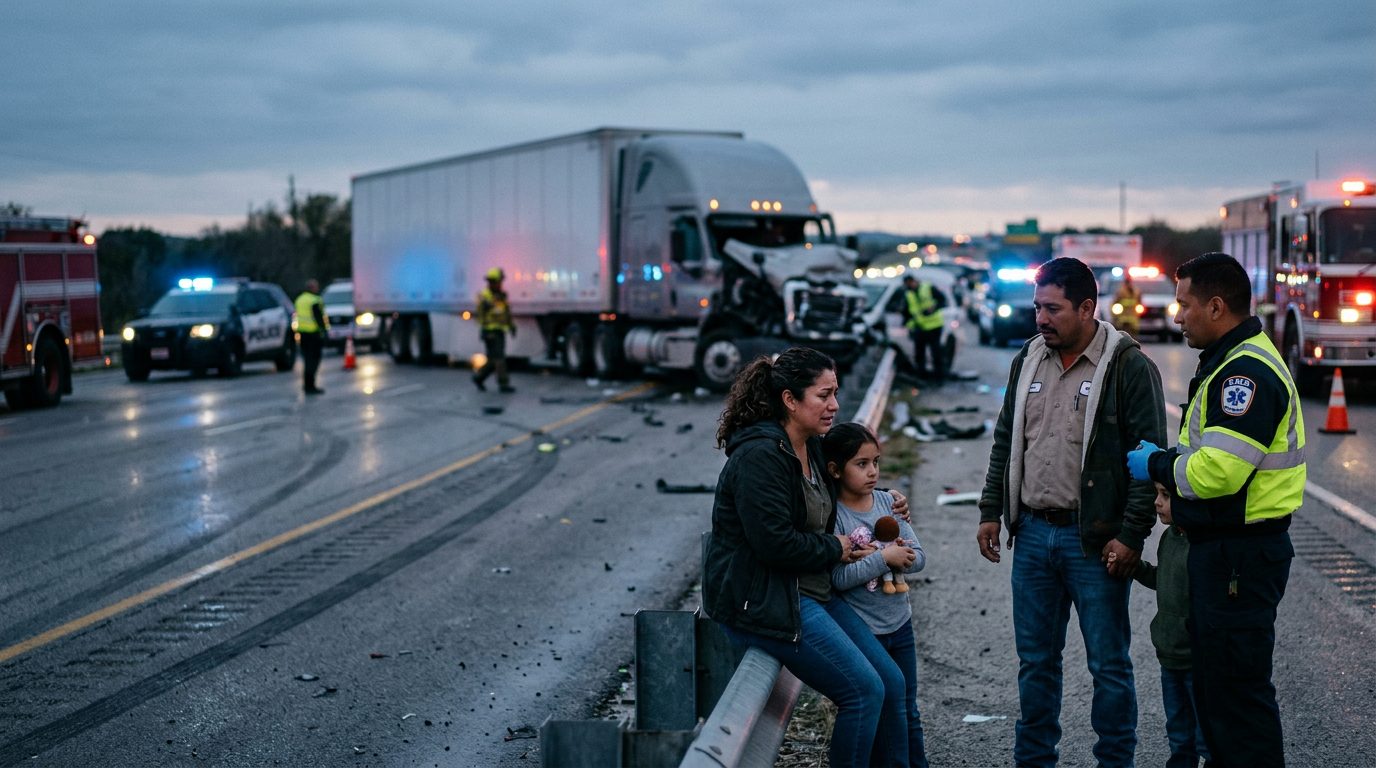 Accidente de camión comercial en carretera con personas hispanohablantes al atardecer.