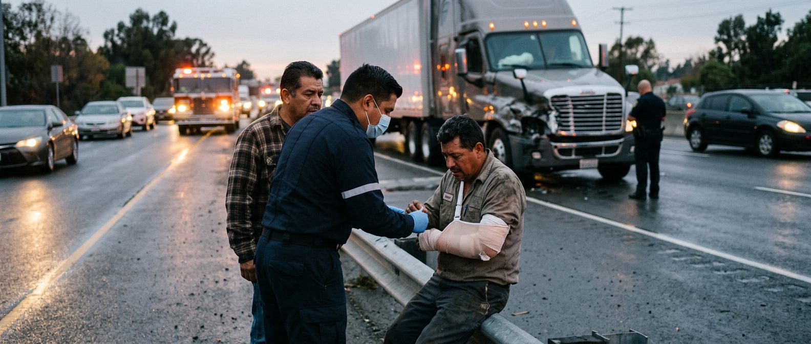 Accidente de camión comercial en carretera con personas hispanas evaluando daños al atardecer.
