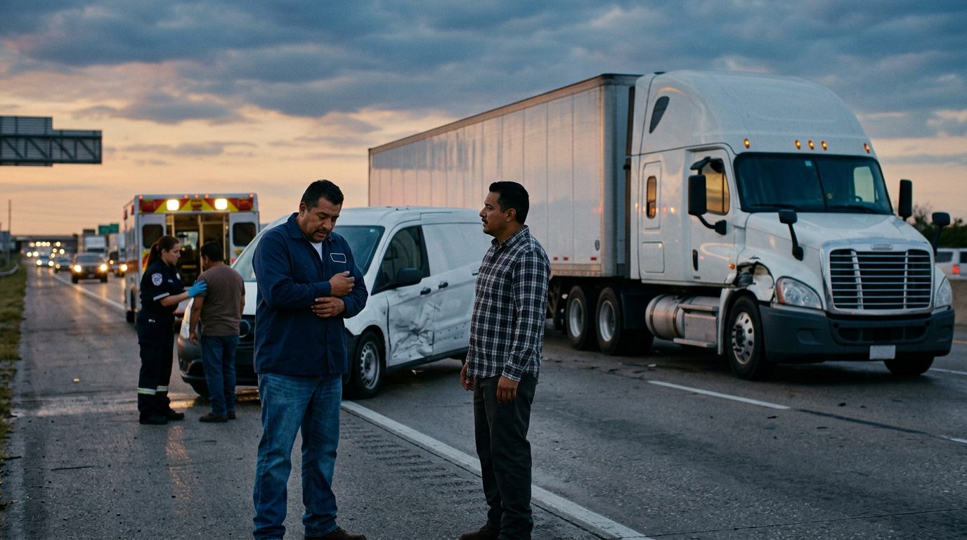 Accidente de camión comercial en carretera con personas hispanas evaluando daños al atardecer.