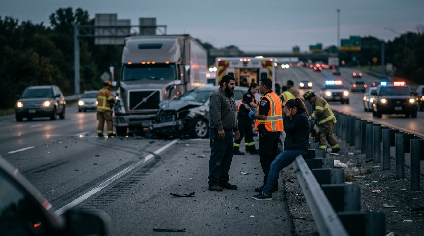 Accidente de camión comercial en carretera con personas hispanohablantes.