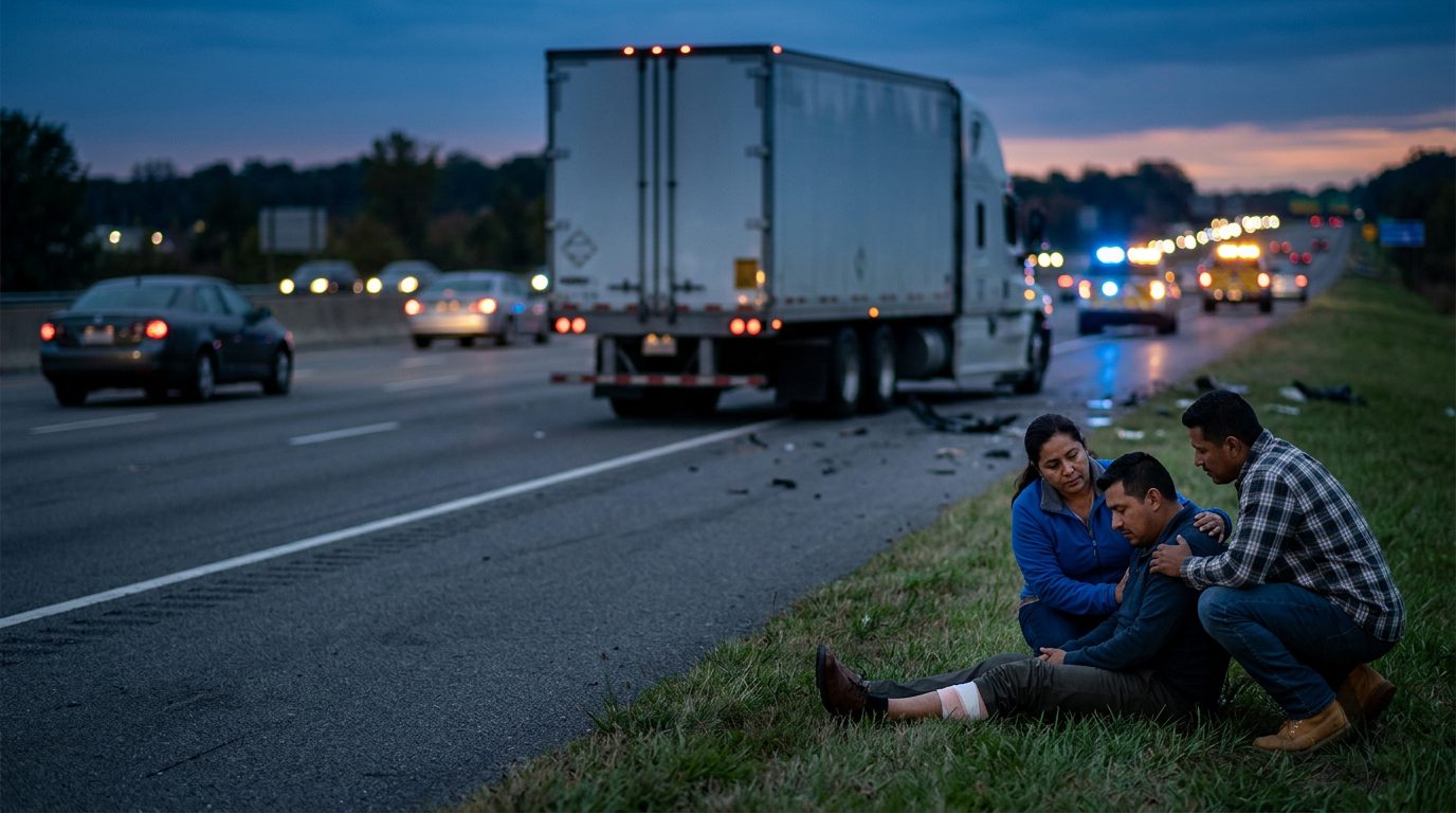 Accidente de camión comercial en carretera con personas hispanas y latinas.