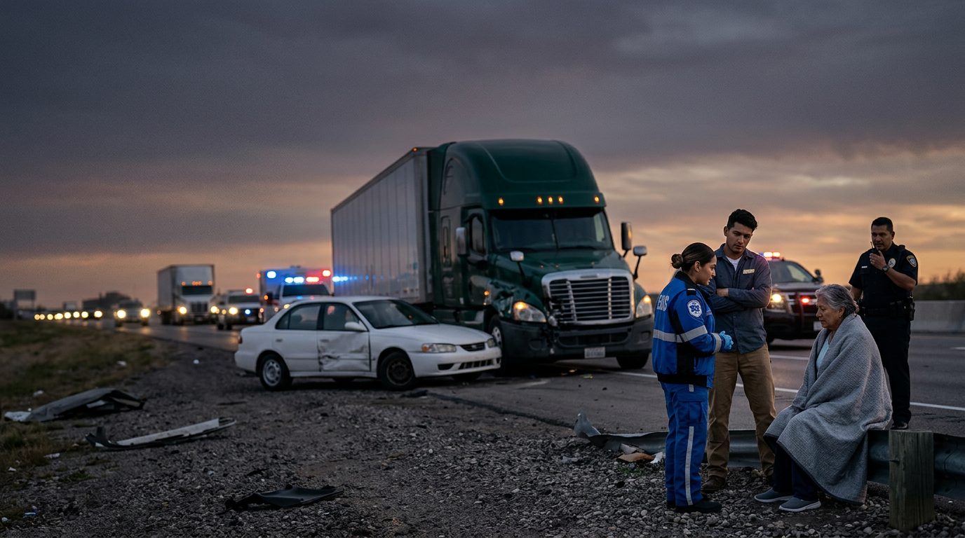 Accidente de camión comercial en carretera con personas hispanohablantes al atardecer.