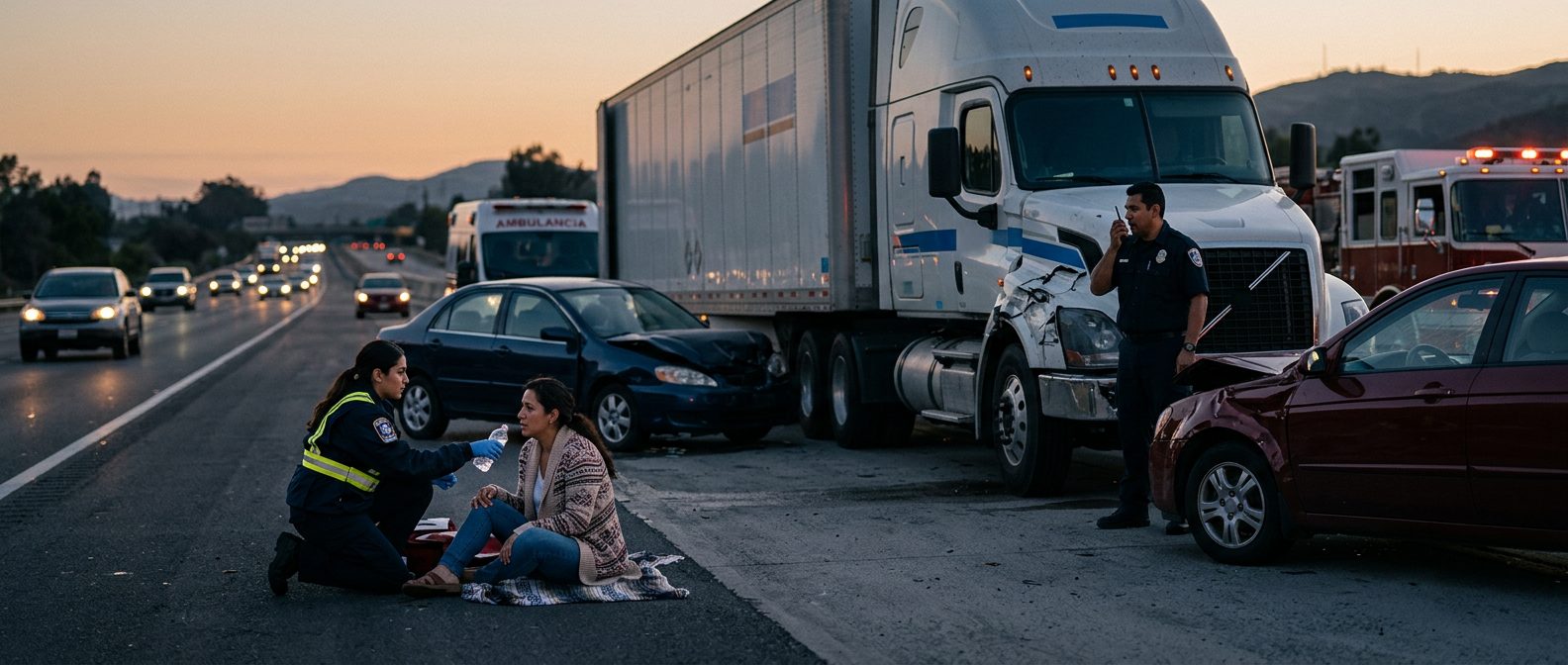 Accidente de camión comercial en carretera con personas hispanas al atardecer.