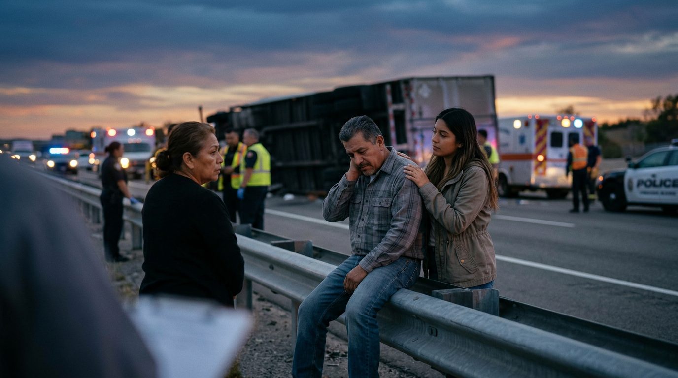 Accidente de camión comercial en carretera con personas hispanas evaluando daños.