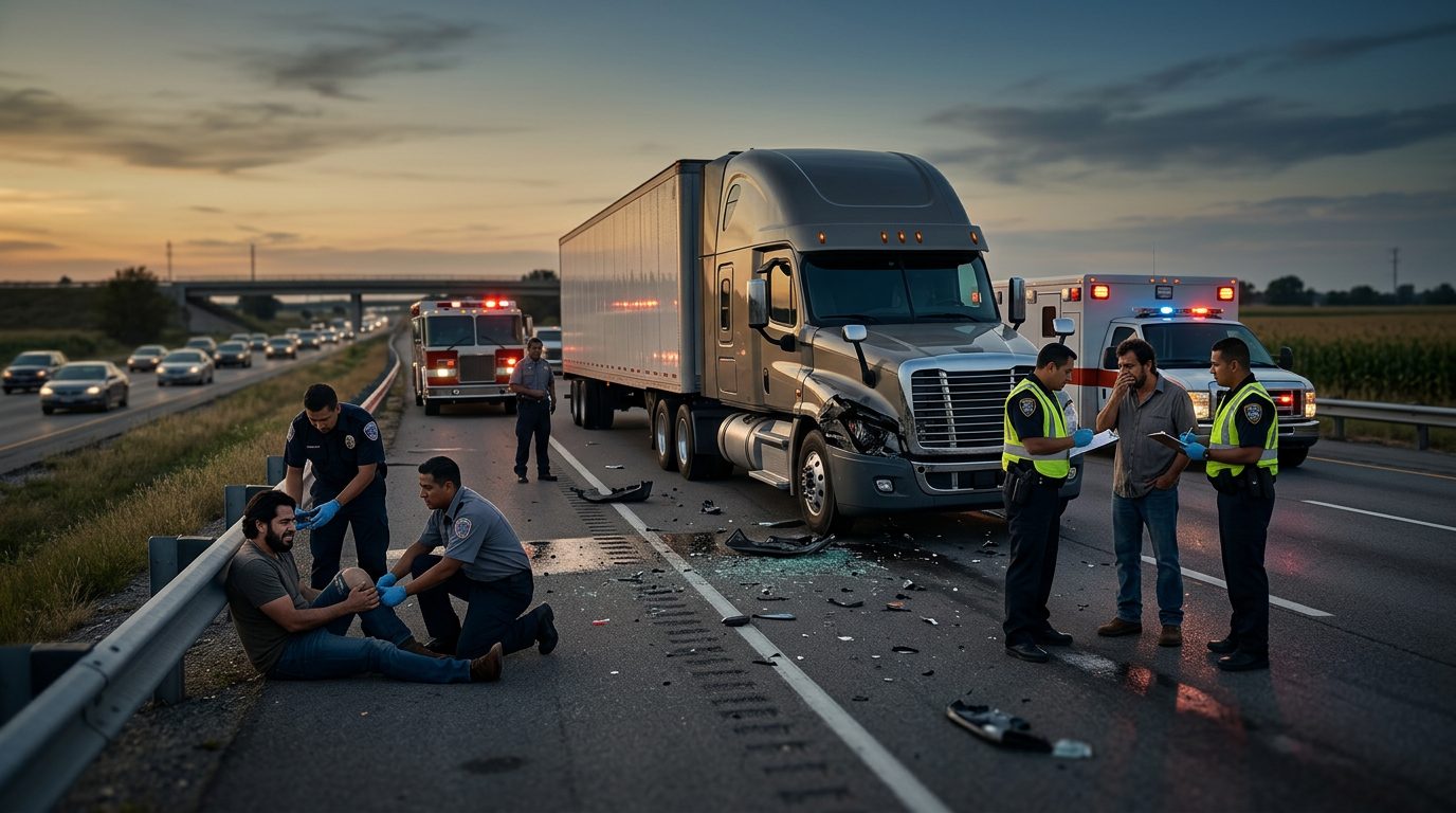 Accidente de camión comercial en carretera con personas hispanohablantes afectadas.