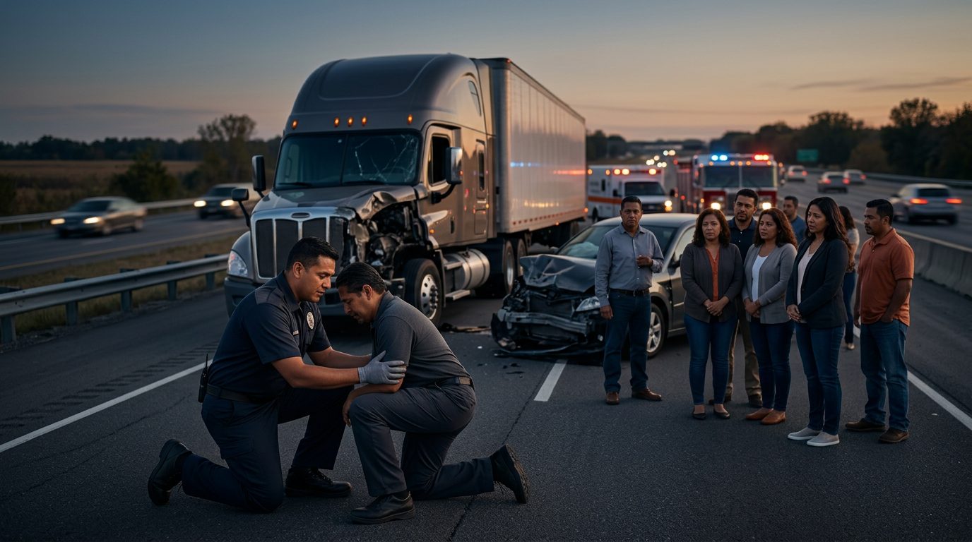 Accidente grave de camión comercial en autopista al atardecer con personas hispanohablantes.