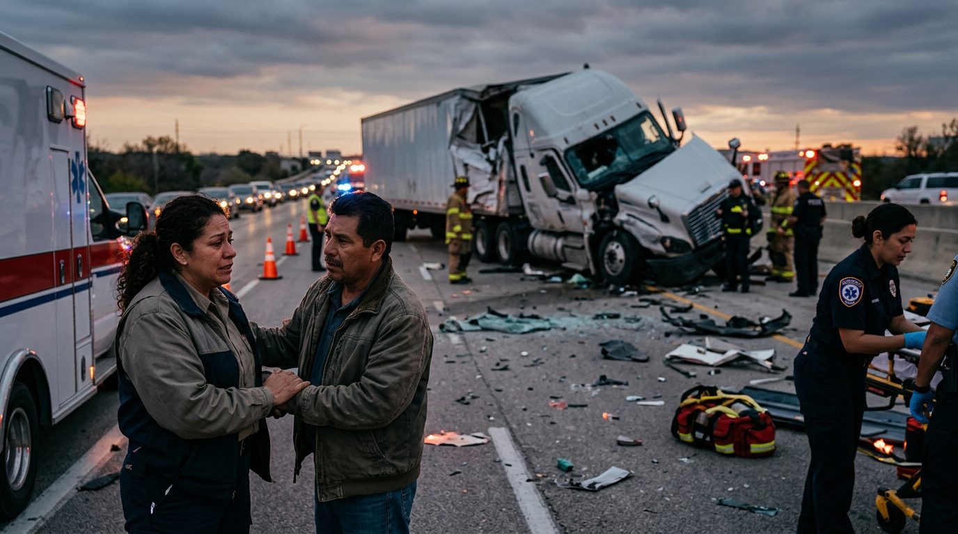 Accidente grave de camión comercial en autopista al atardecer con personas hispanohablantes.
