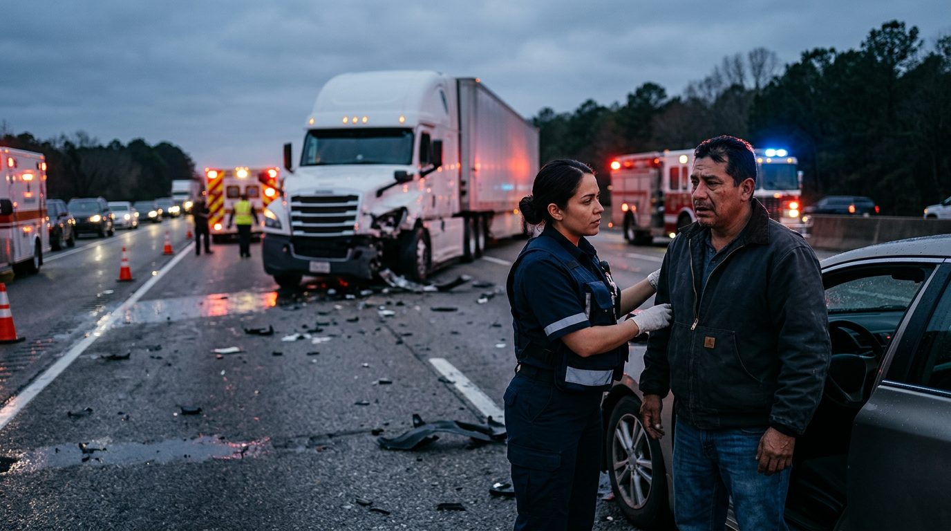Accidente grave de camión comercial en autopista al atardecer con personas hispanas.