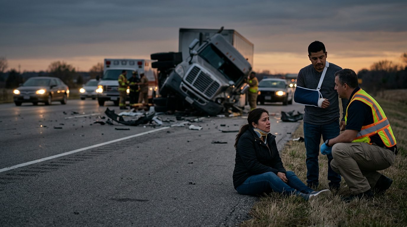 Accidente grave de camión comercial en autopista al atardecer con personas hispanas.
