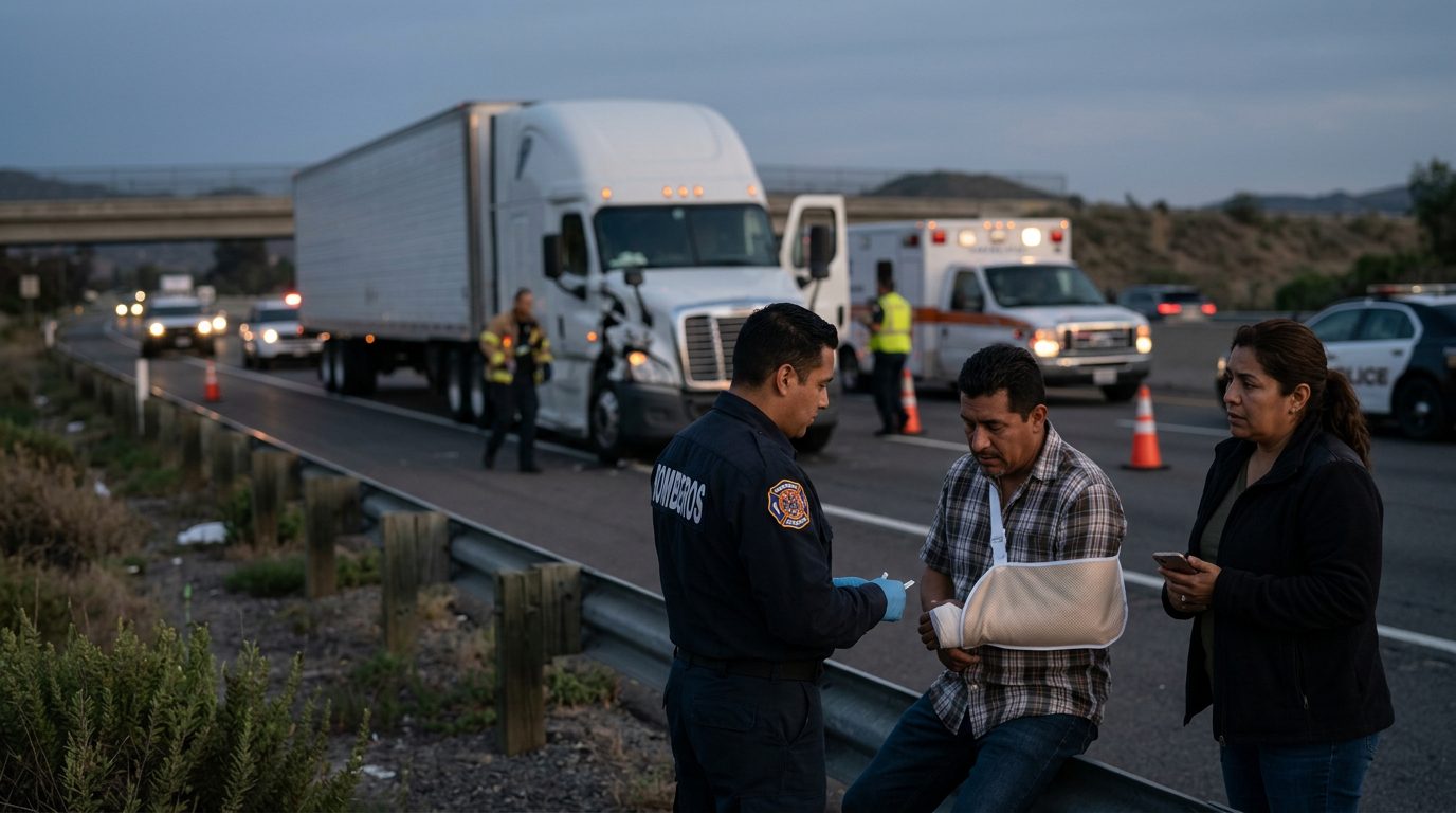 Accidente grave de camión comercial en autopista al atardecer con personas hispanas.