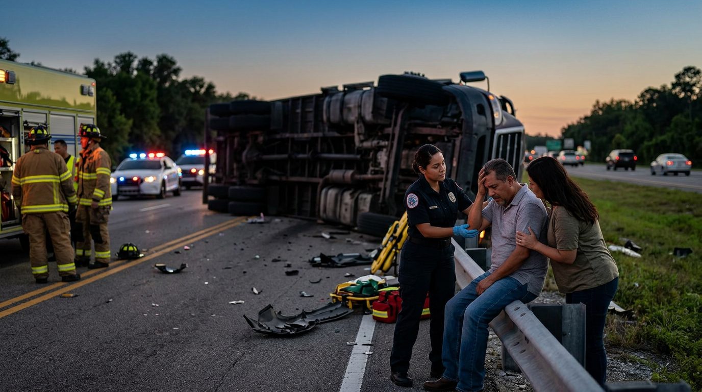 Accidente grave de camión comercial en autopista al atardecer con personas hispanas.