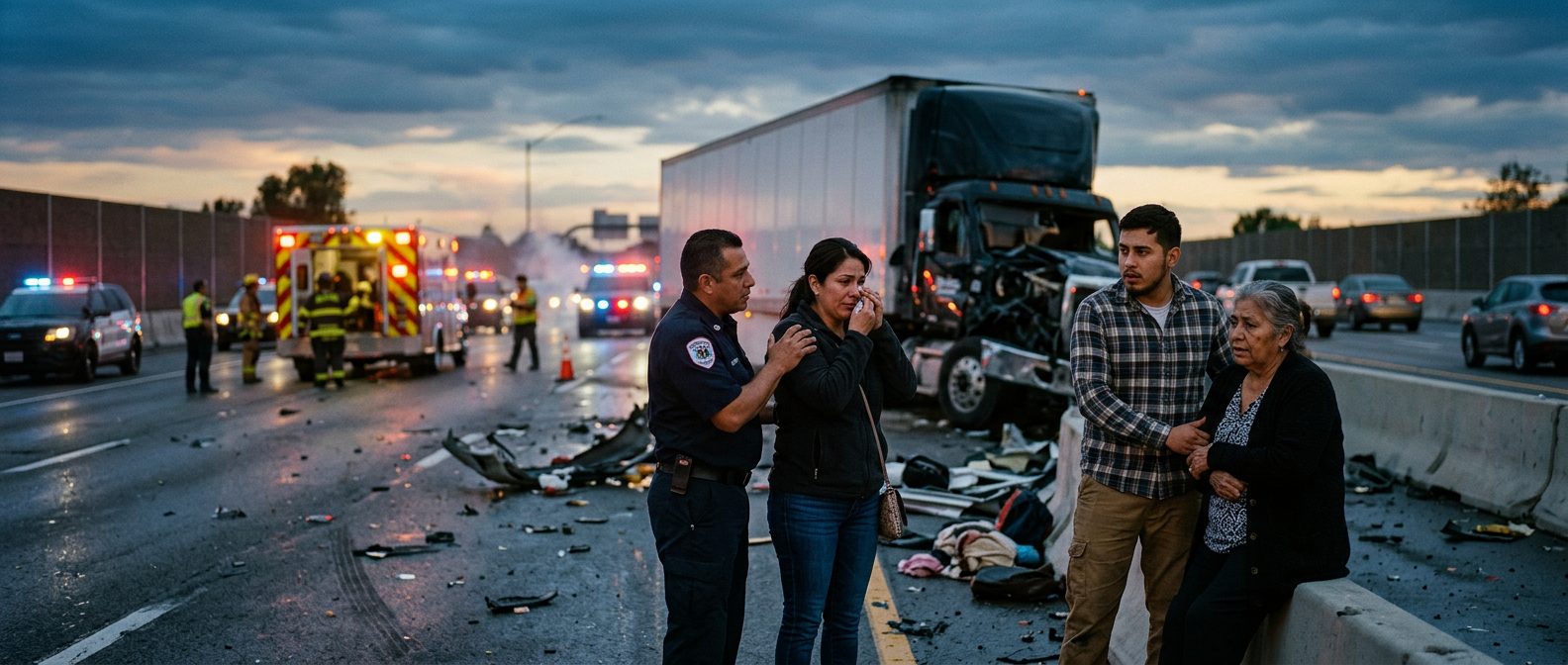 Accidente grave de camión comercial en autopista al atardecer con personas hispanas.