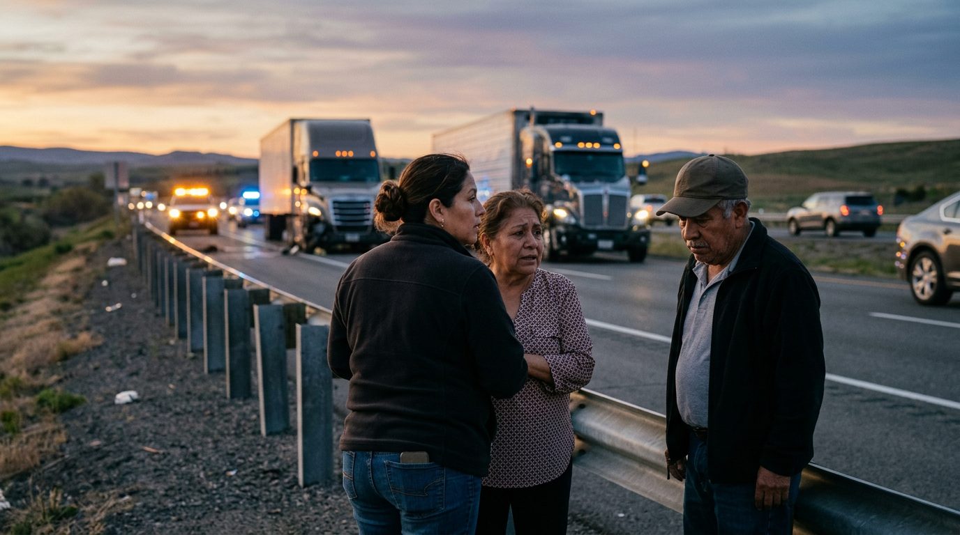 Accidente grave de camión comercial en carretera al atardecer con personas hispanas.