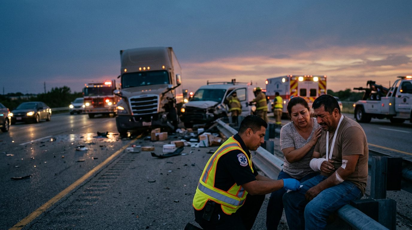 Accidente grave de camión comercial en carretera al atardecer con personas hispanas.