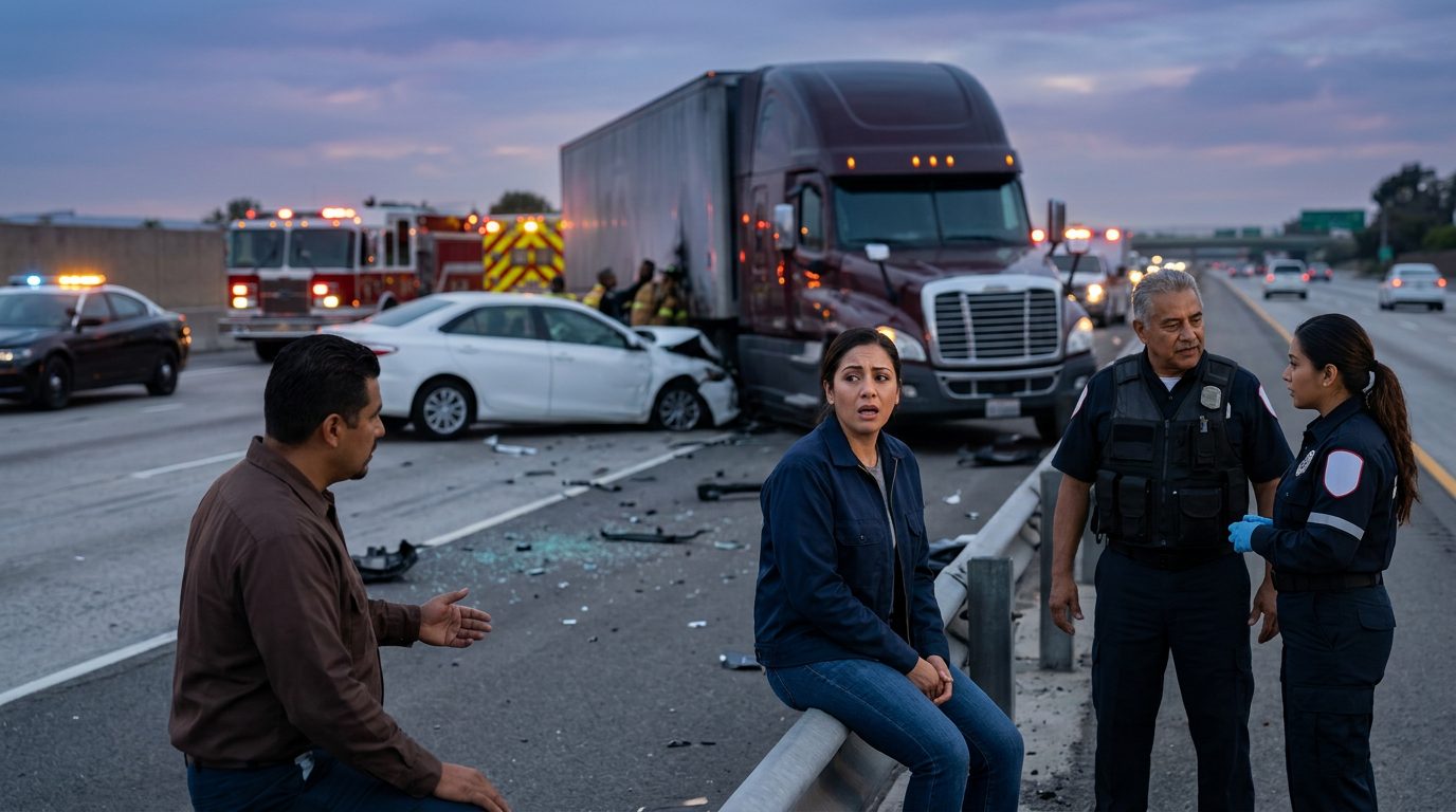 Accidente grave de camión comercial en carretera al atardecer con personas hispanolas.