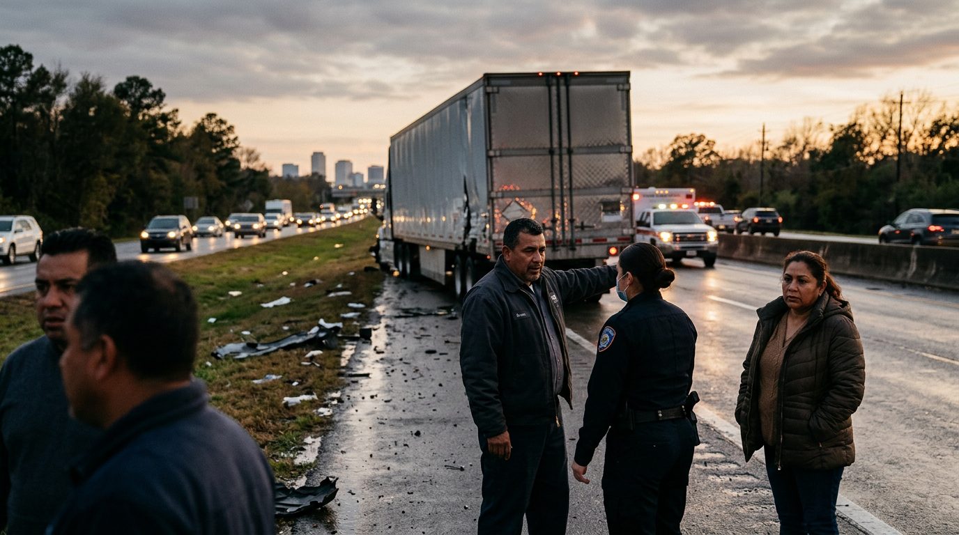 Accidente grave de camión comercial en carretera al atardecer con personas hispanas.