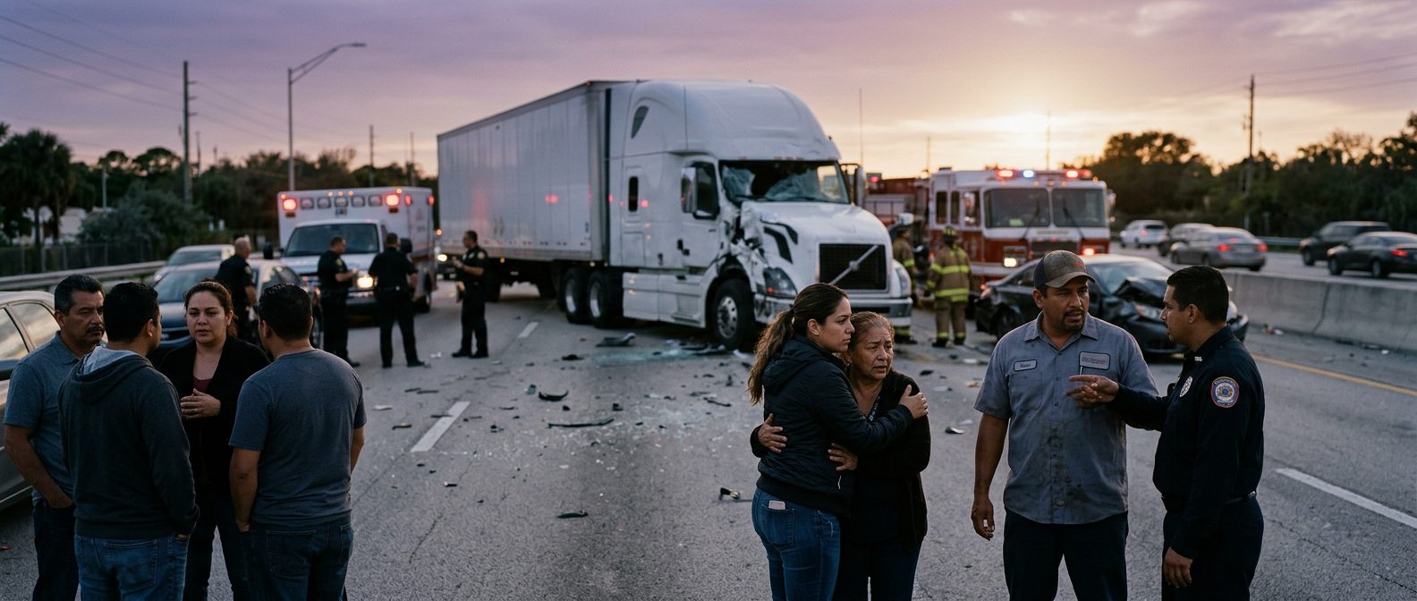 Accidente grave de camión comercial en carretera al atardecer con personas hispanas.