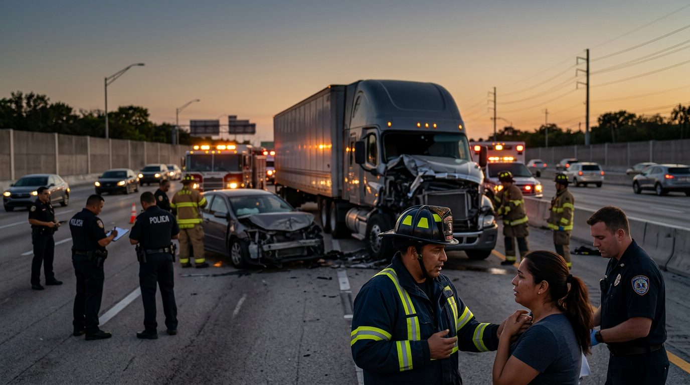 Accidente grave de camión comercial en carretera al atardecer con personas hispanas.