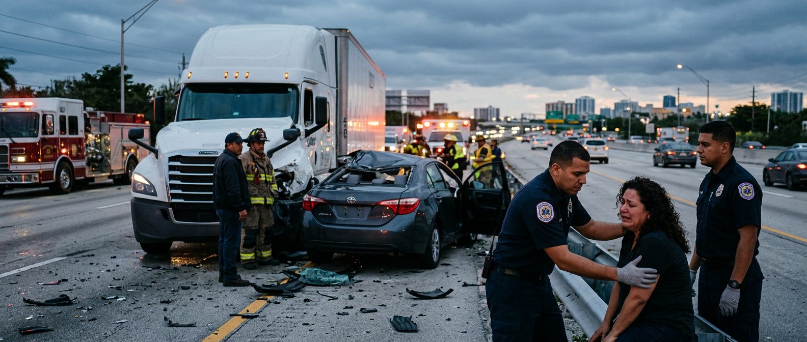 Accidente grave de camión comercial en carretera al atardecer con personas hispanohablantes.