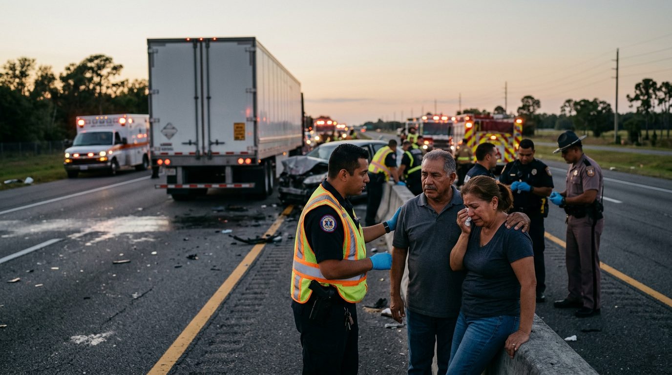 Accidente grave de camión comercial en carretera al atardecer con personas hispanas.