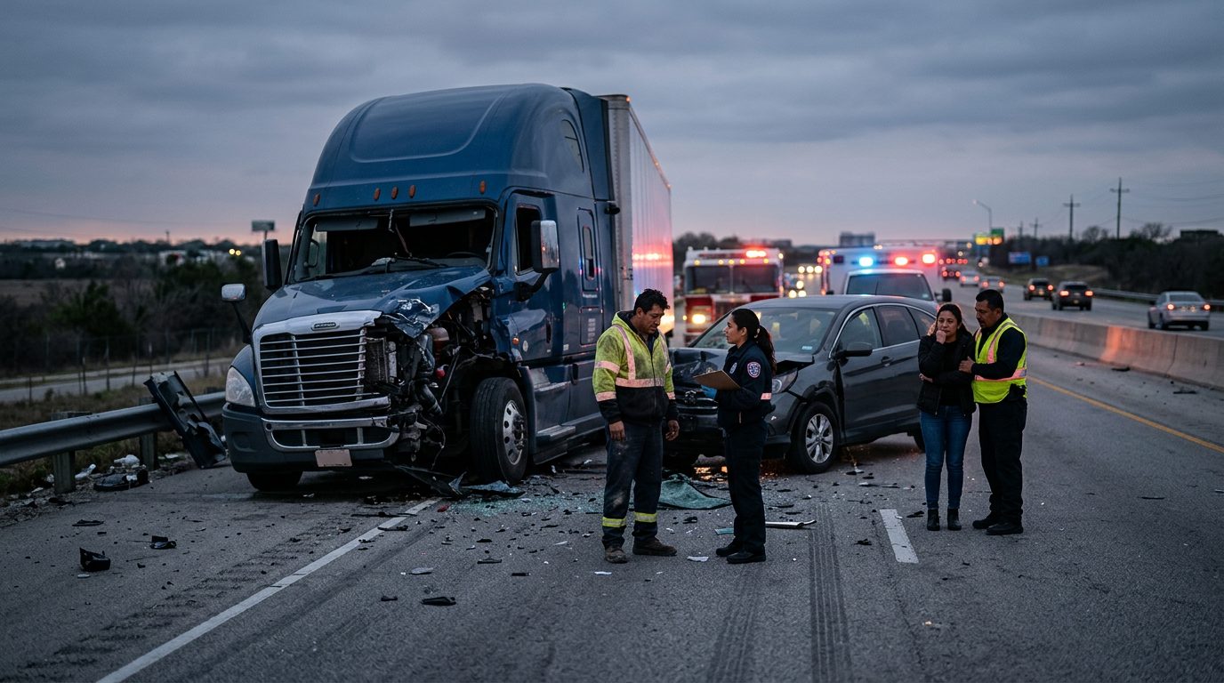 Accidente grave de camión comercial en carretera al atardecer con personas hispanolas.
