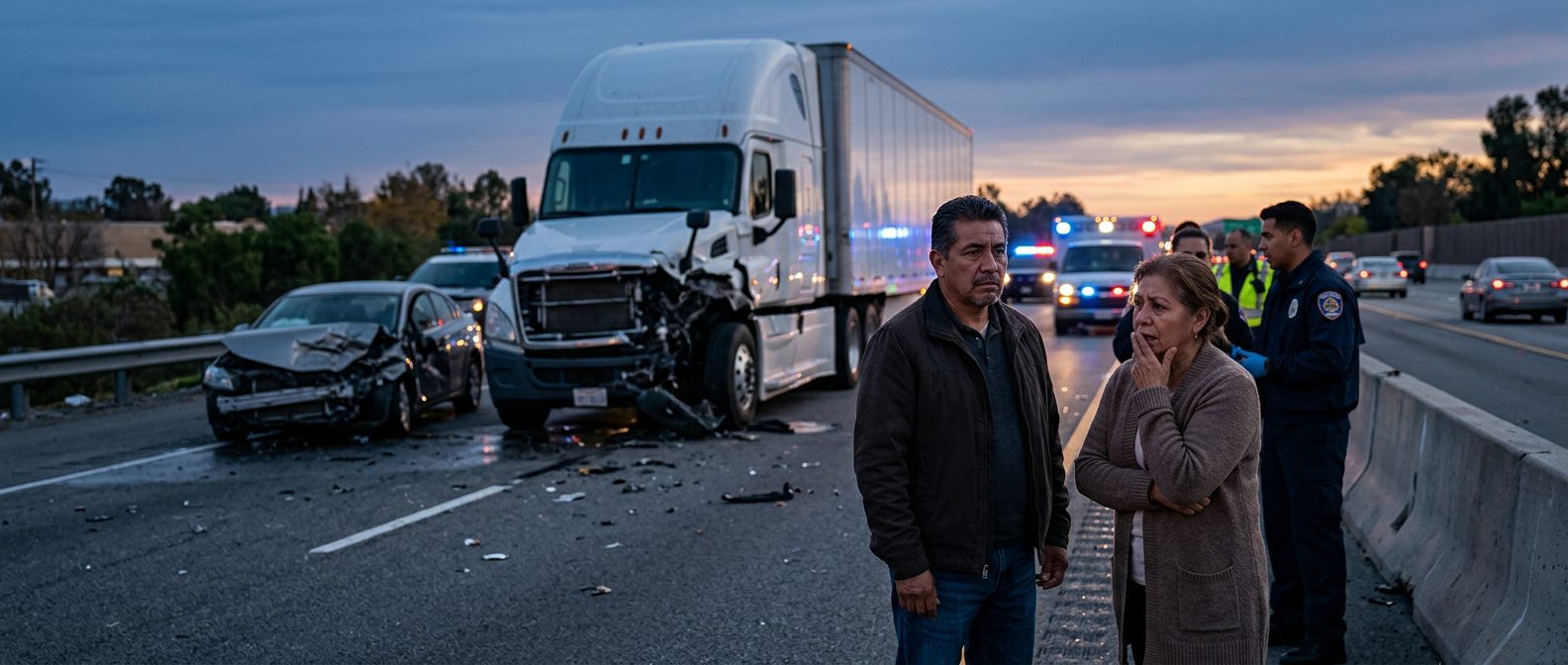 Accidente grave de camión comercial en carretera al atardecer con personas hispanohablantes.