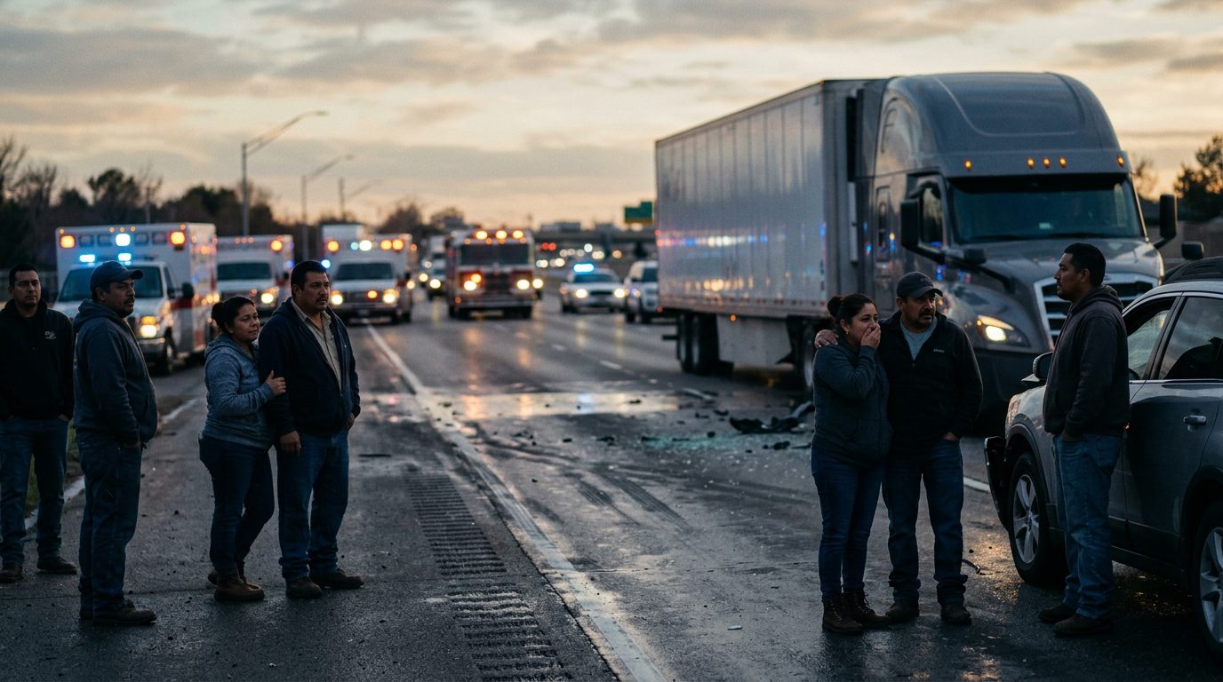 Accidente grave de camión comercial en carretera al atardecer con personas hispanas.