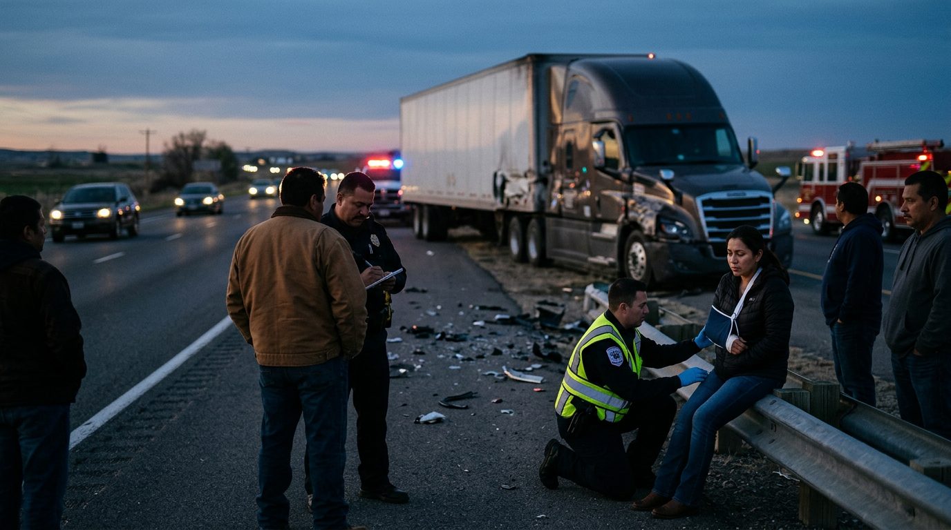 Accidente grave de camión comercial en carretera al atardecer con personas hispanas.