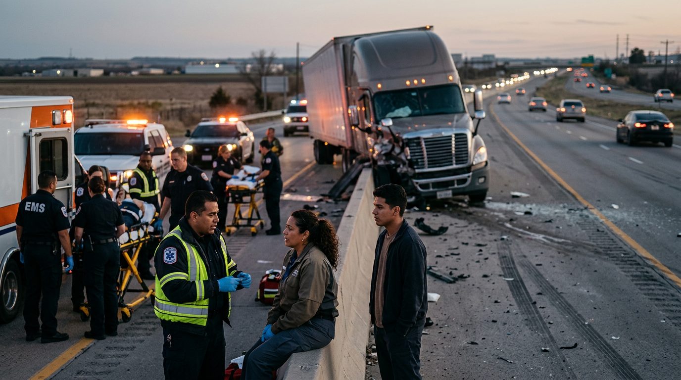 Accidente grave de camión comercial en carretera al atardecer con personas hispanohablantes.