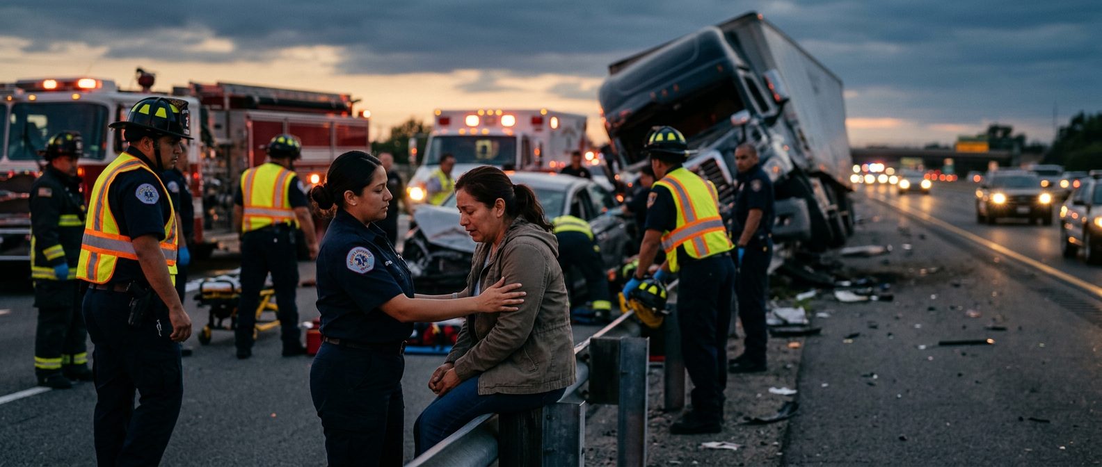 Accidente grave de camión comercial en carretera al atardecer con personas hispanas.