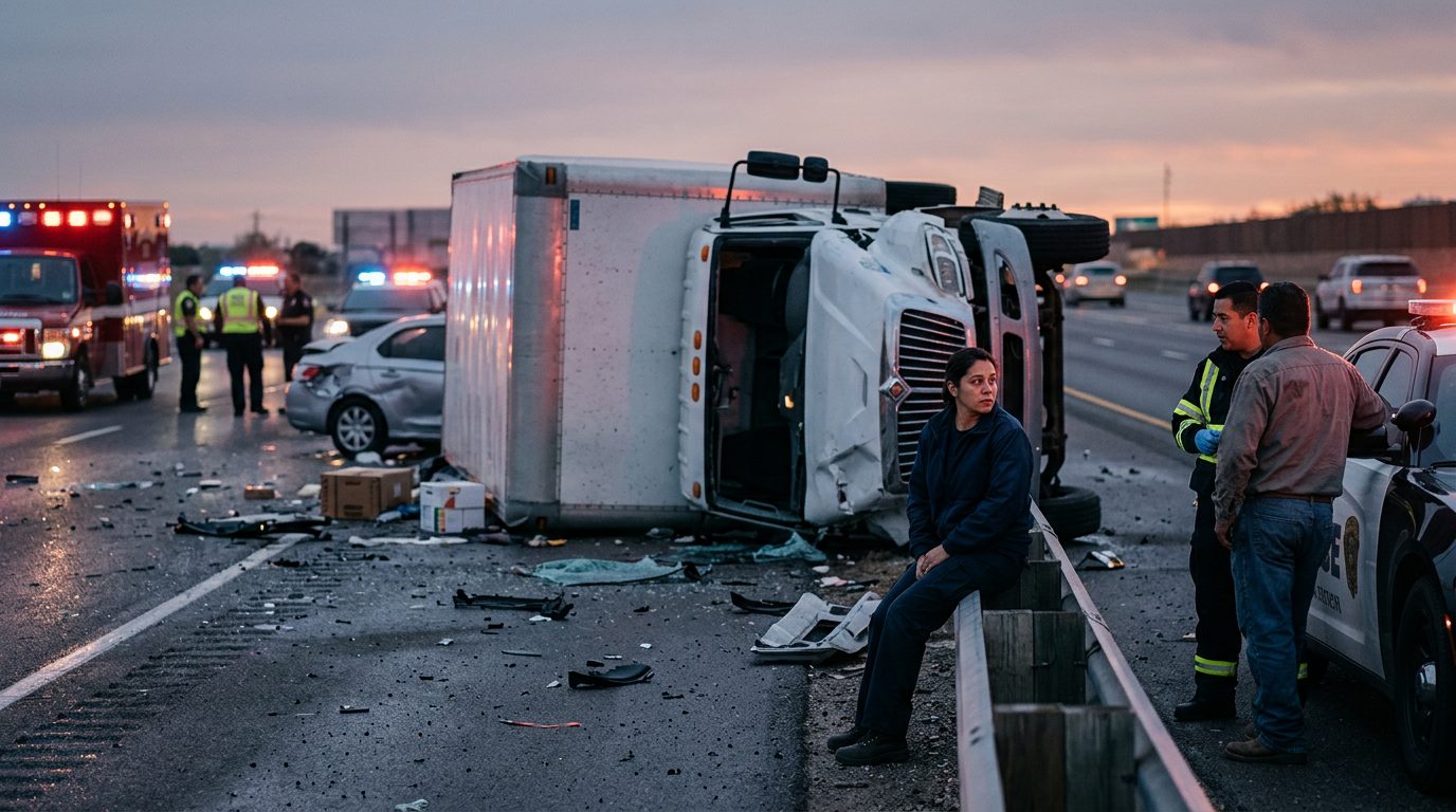 Accidente grave de camión comercial en carretera al atardecer con personas hispanas.