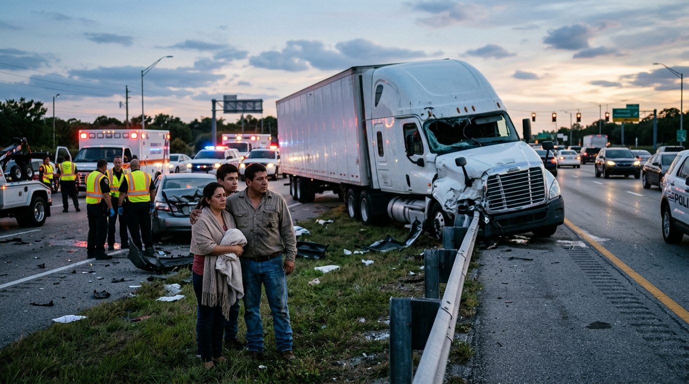 Accidente grave de camión comercial en carretera al atardecer con personas hispanas.
