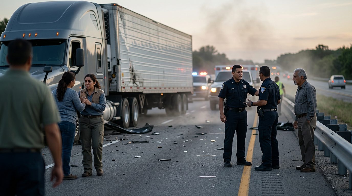 Accidente grave de camión comercial en carretera al atardecer con personas hispanas.