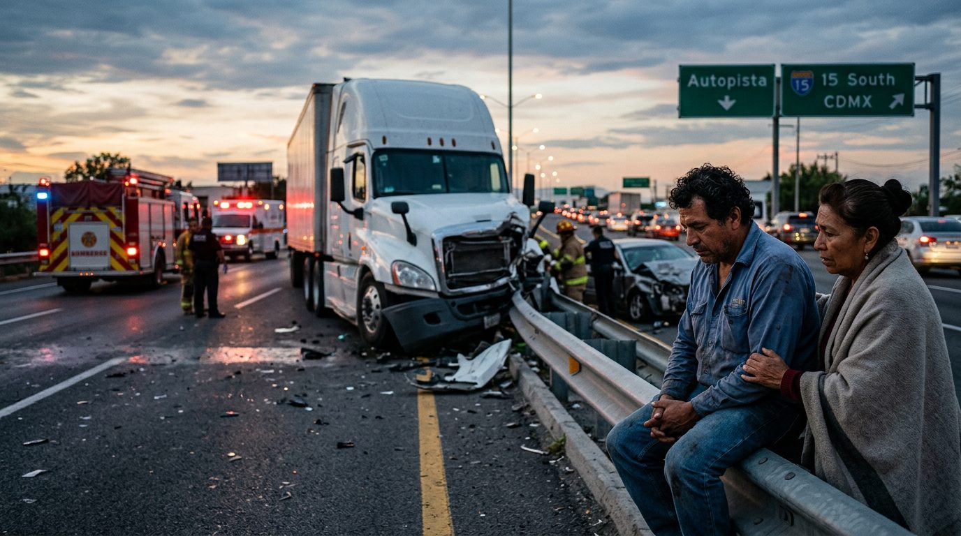Accidente grave de camión comercial en carretera al atardecer con personas hispanohablantes.