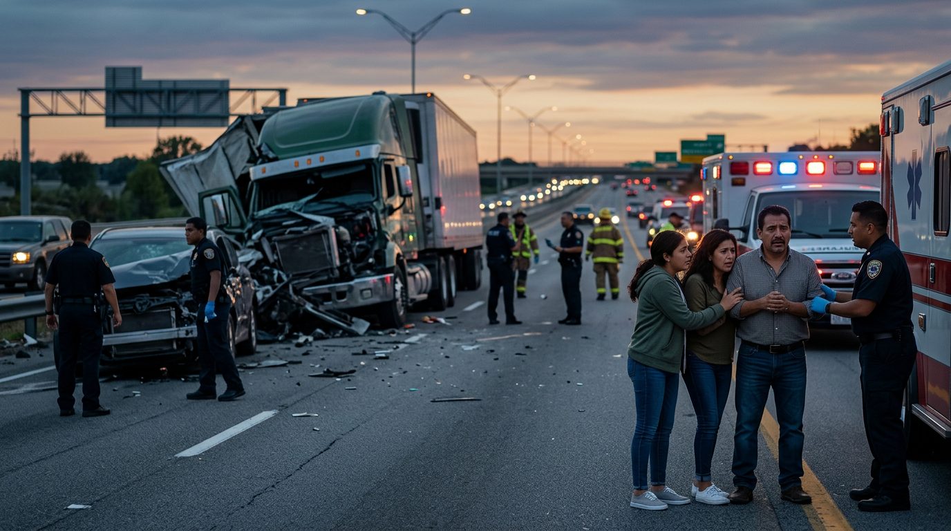 Accidente grave de camión comercial en carretera al atardecer con personas hispanas.