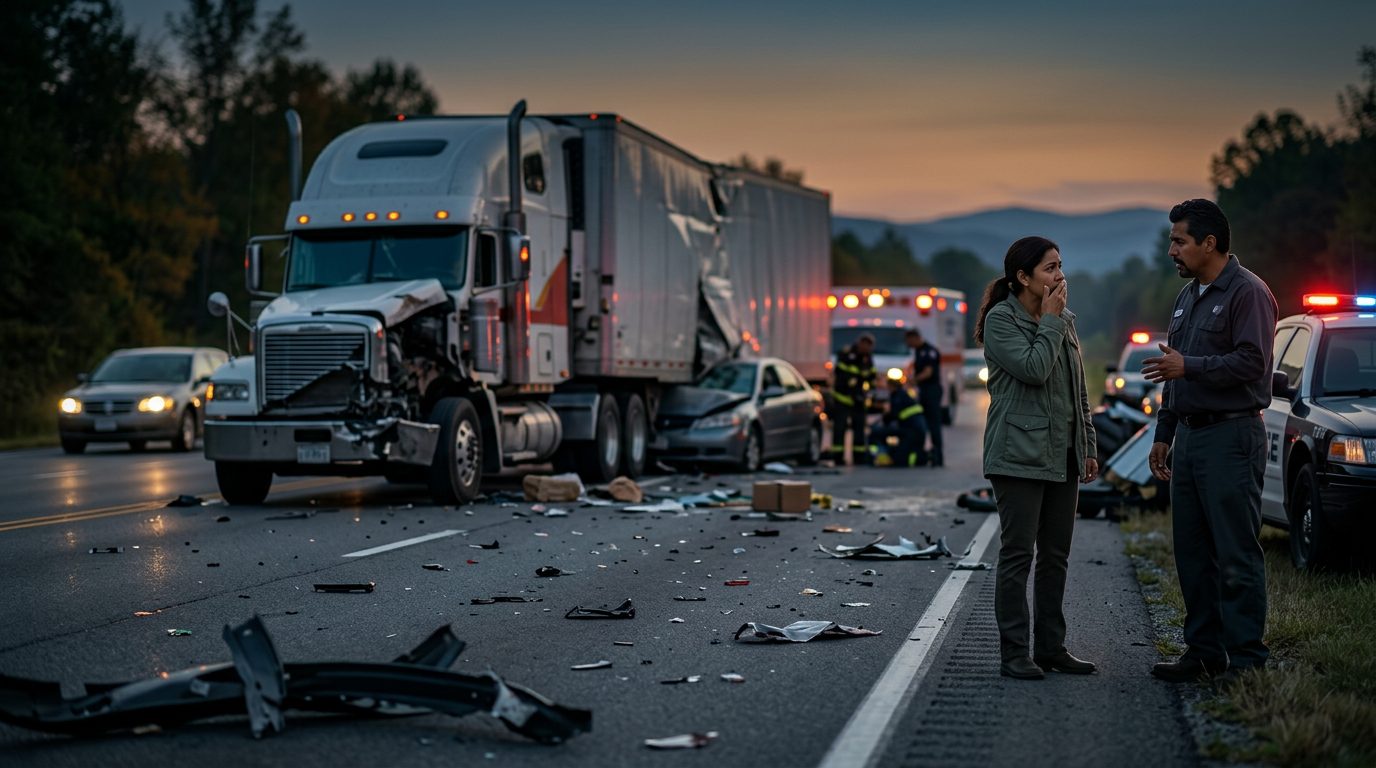 Accidente grave de camión comercial en carretera al atardecer con personas hispanohablantes.