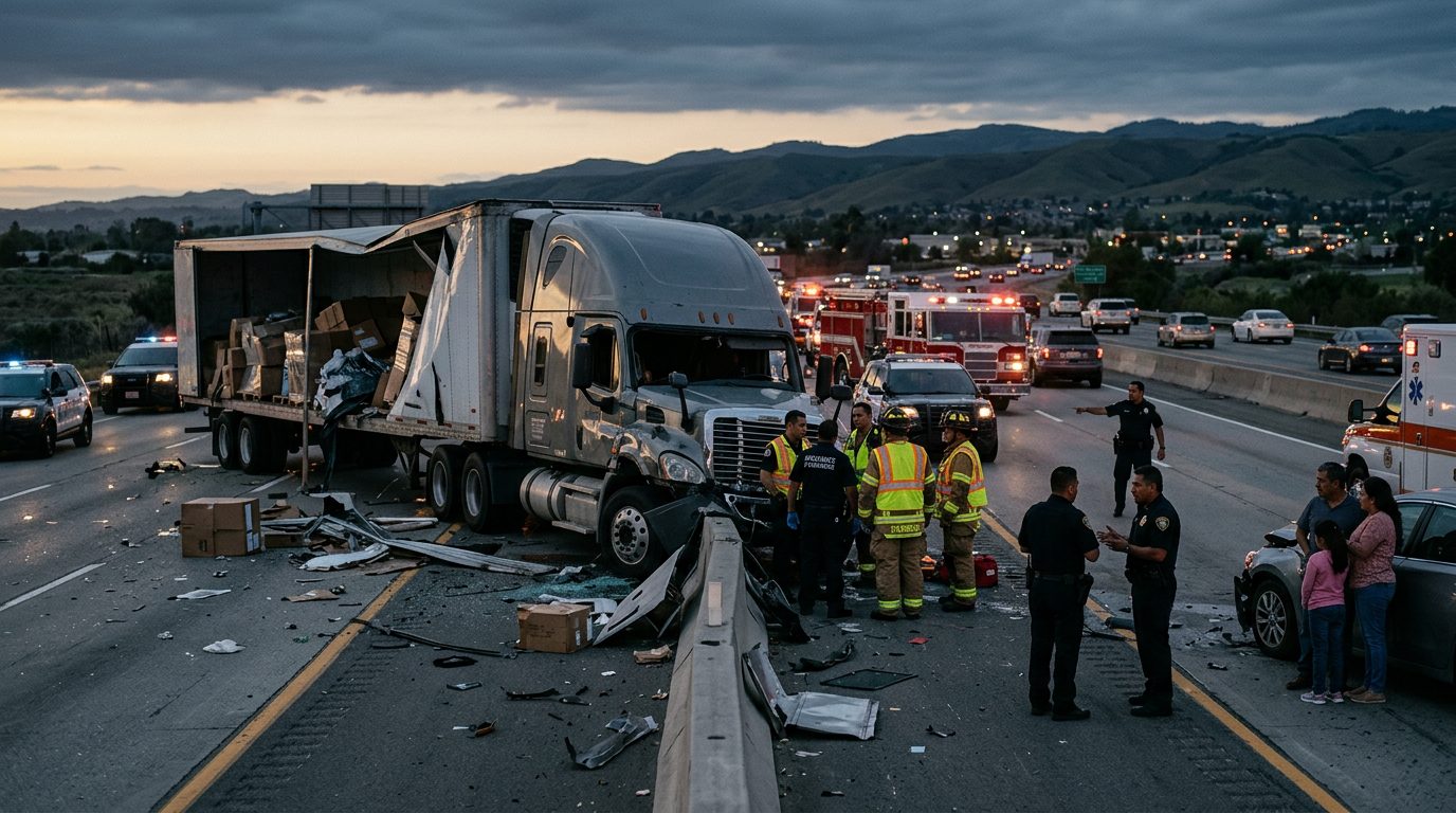 Accidente grave de camión comercial en carretera al atardecer con personas hispanohablantes.