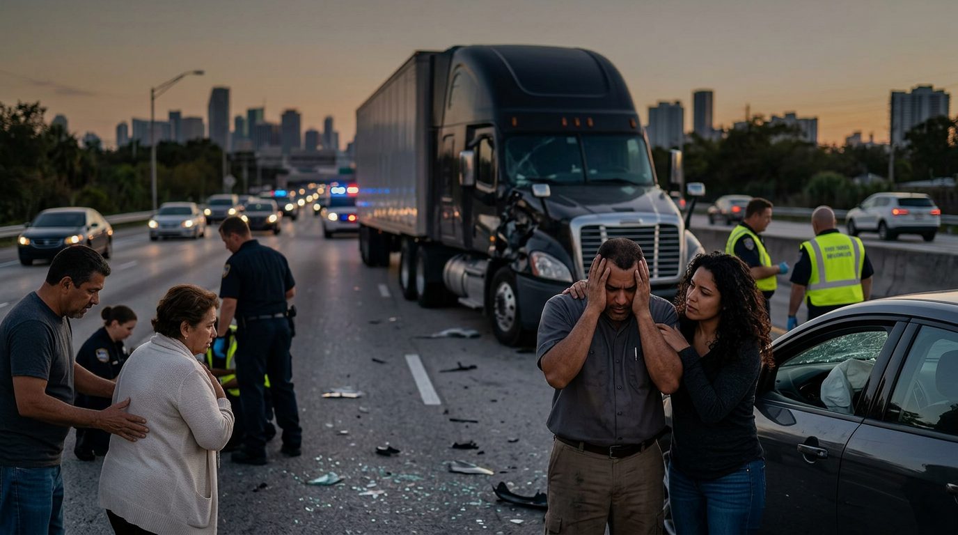 Accidente grave de camión comercial en carretera al atardecer con personas hispanolas.