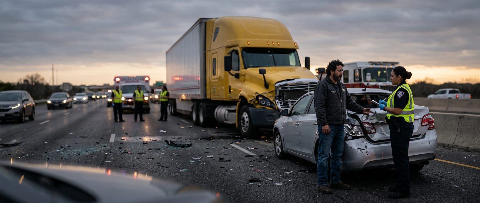 Accidente grave de camión comercial en carretera al atardecer con personas hispanohablantes.