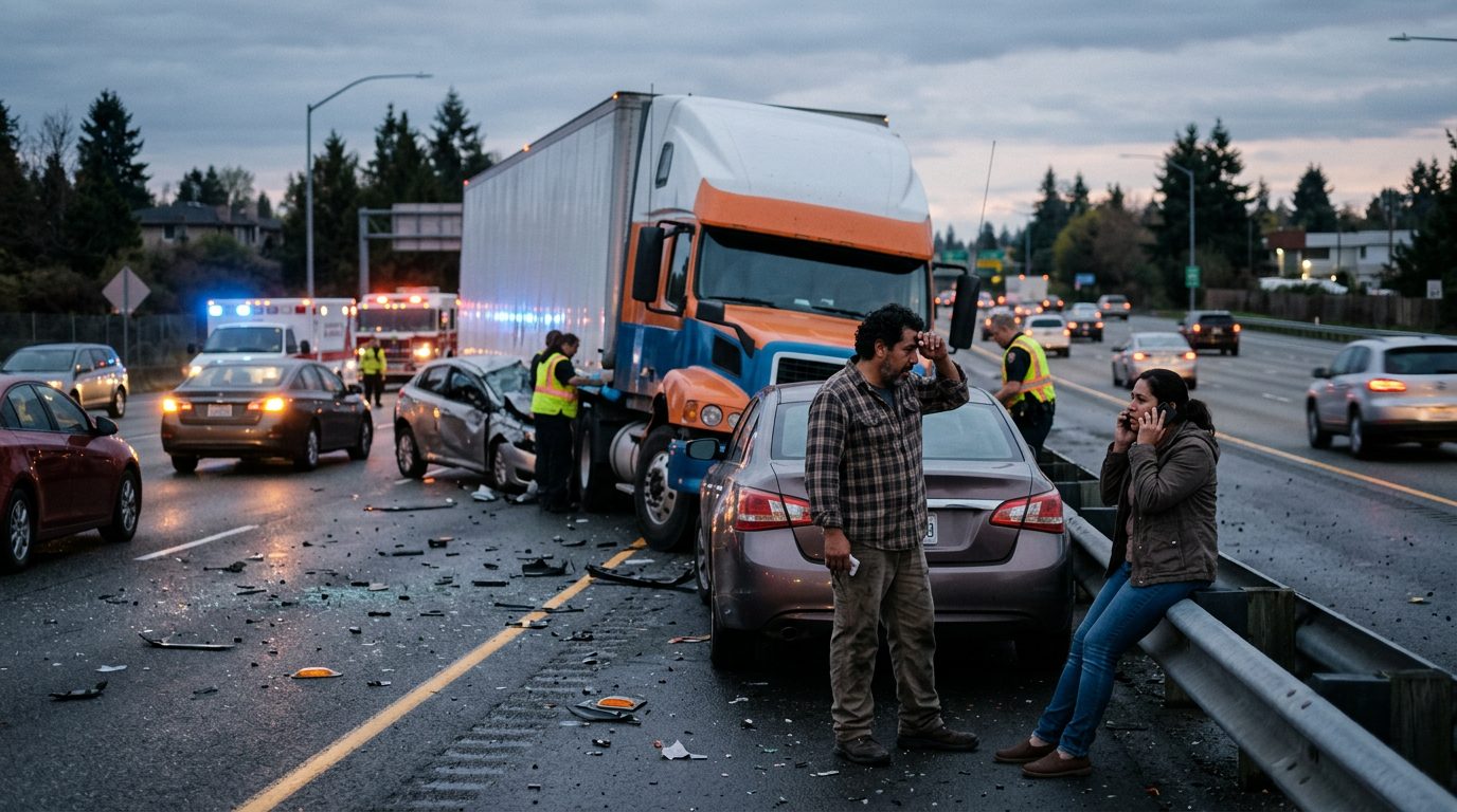 Accidente grave de camión comercial en carretera al atardecer con personas hispanas.