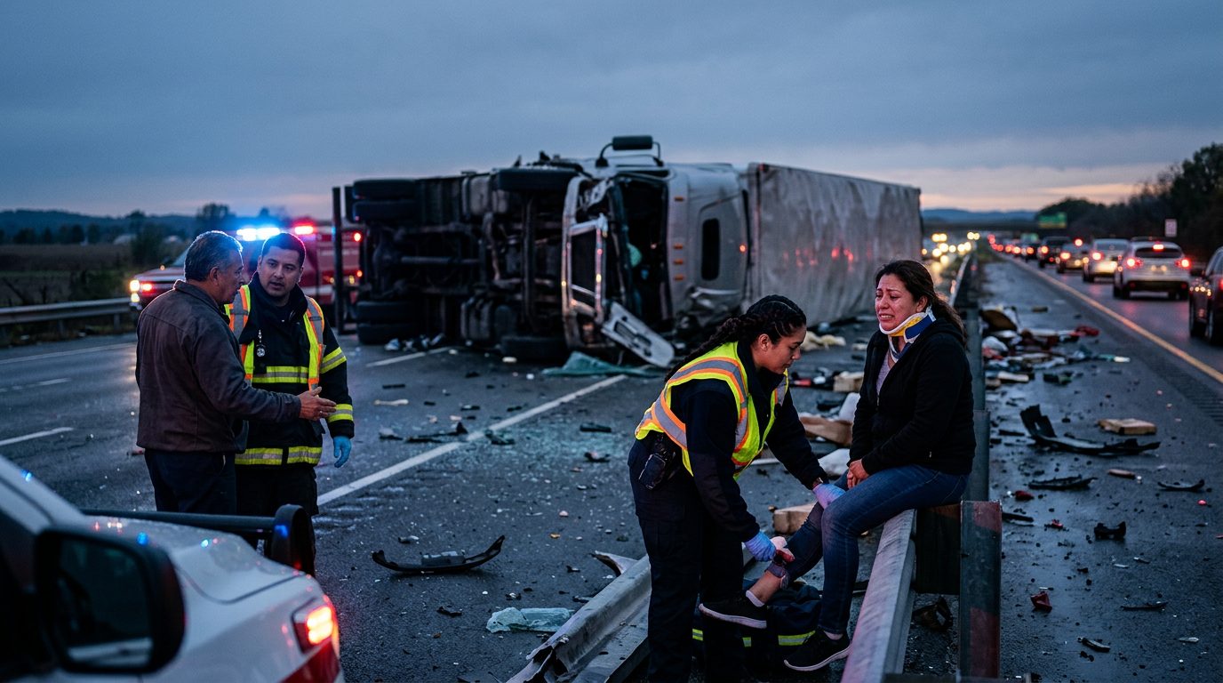 Accidente grave de camión comercial en carretera al atardecer con personas hispanas.