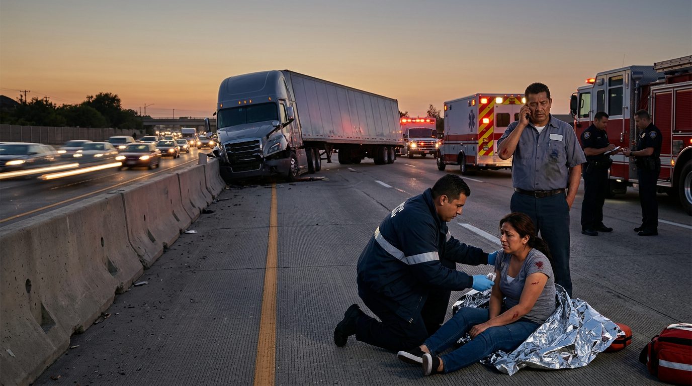 Accidente grave de camión comercial en carretera al atardecer con personas hispanohablantes.