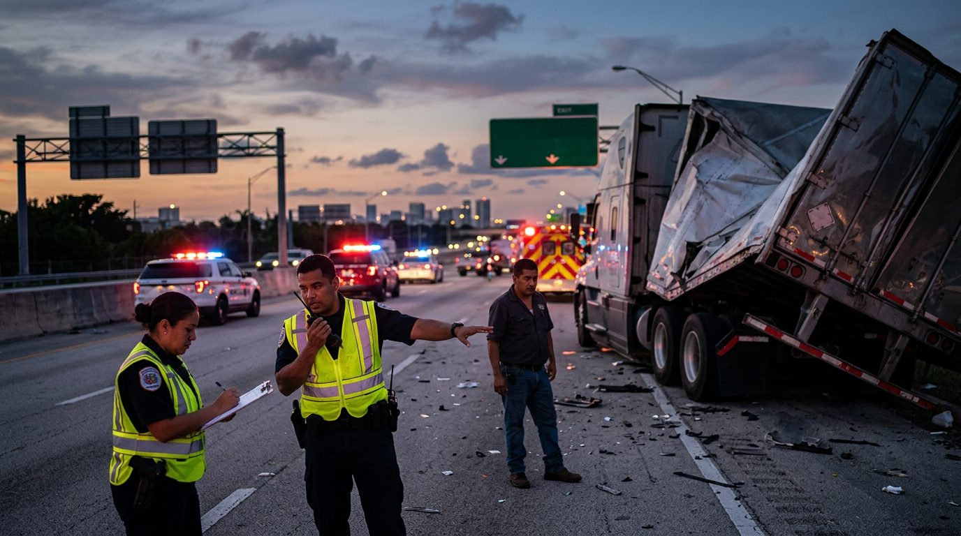 Accidente grave de camión comercial en carretera al atardecer con personas hispanas.