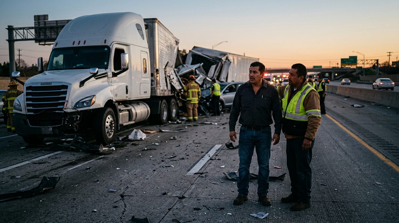 Accidente grave de camión comercial en carretera al atardecer con personas hispanas.