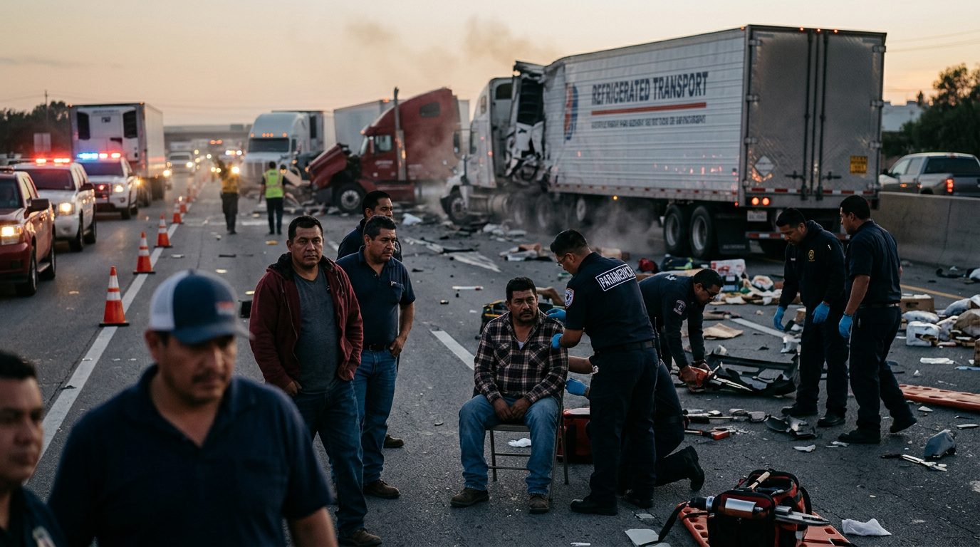 Accidente grave de camión comercial en carretera al atardecer con personas hispanas.