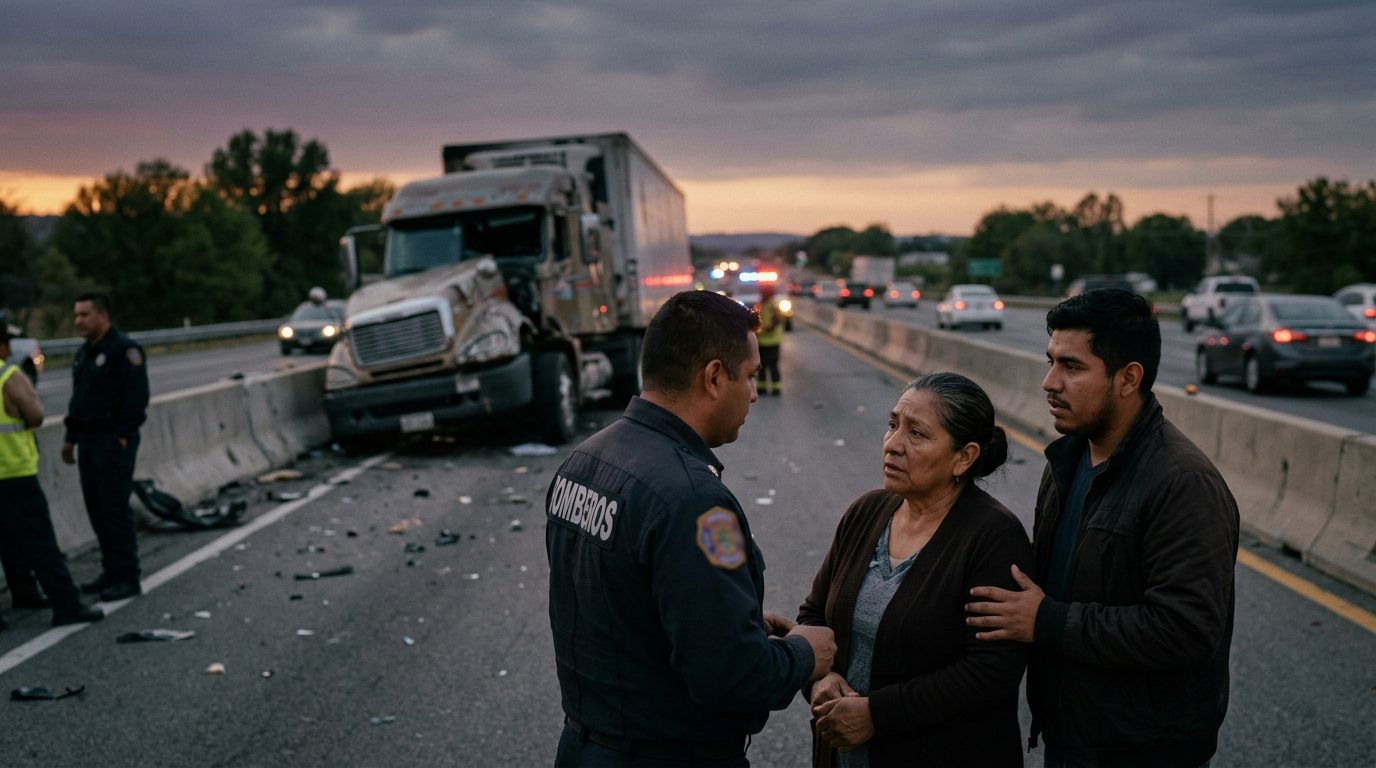 Accidente grave de camión comercial en carretera al atardecer con personas hispanas.